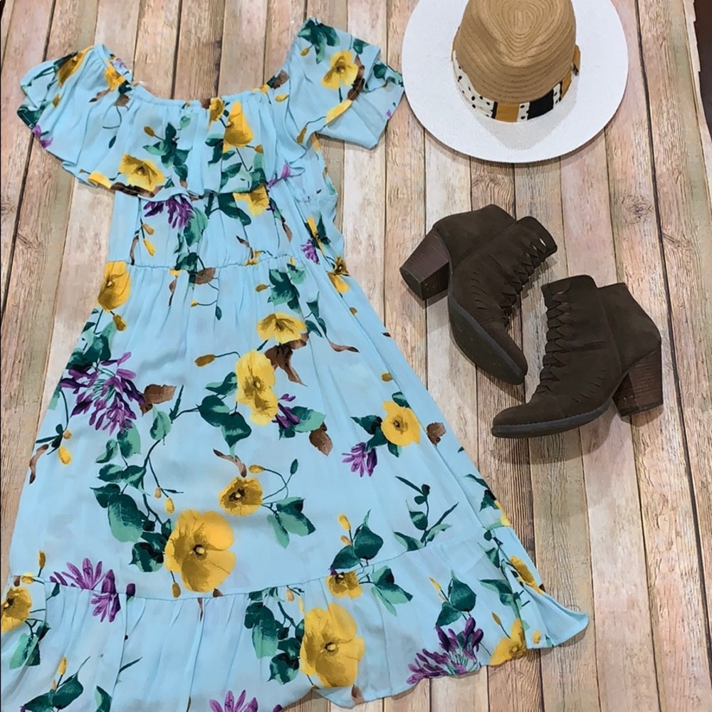 Aqua Floral off the shoulder Dress